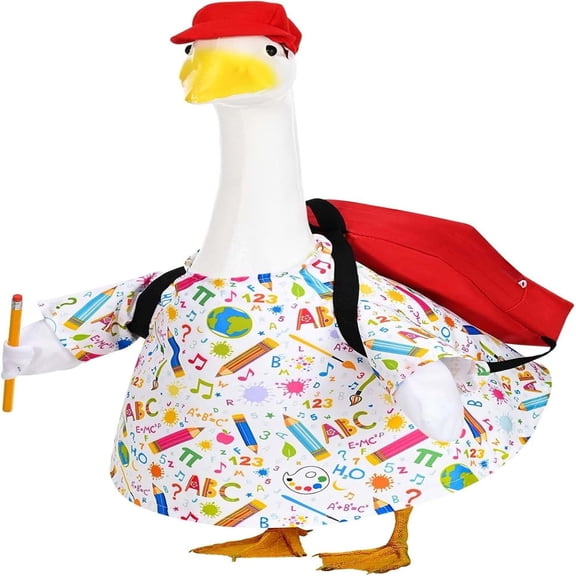Back to School Porch Goose Outfit Set, 23 Inch White Goose Costume with Pencil Apple Non-Positioned Print, Weather Resistant Fabric for Garden Patio Yard, Easy to Wear for Halloween Fall Party Decor