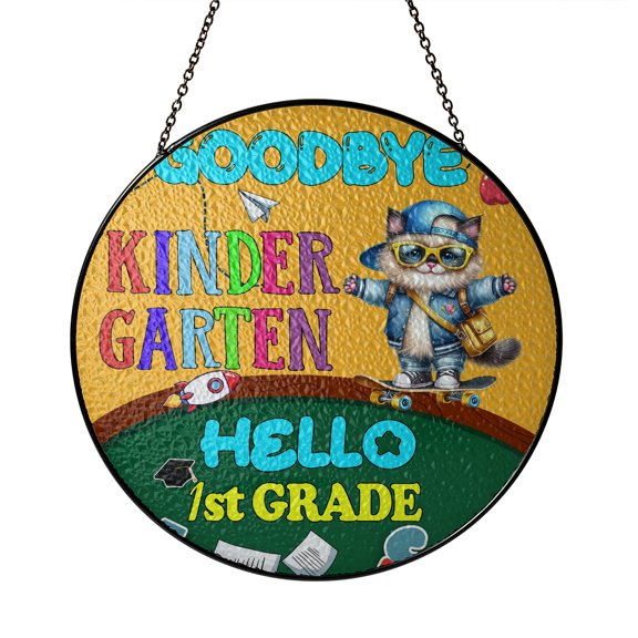 Back to School Ragdoll Goodbye Kindergarten Hello 1st Grade Stained Glass Suncatcher Cat Lover Kitten Owner Gifts Idea Window Hanging Sign Decor - 02011