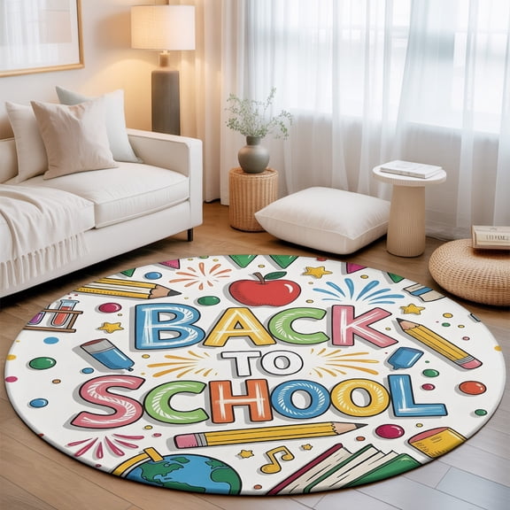 Back to School Round Living Room Rugs 6 ft, Red Fruit Pencils Earth Globe Holiday Modern Washable Area Rug with Non-Slip Sturdy Edge Binding Round Carpet for Kitchen Office Bedroom