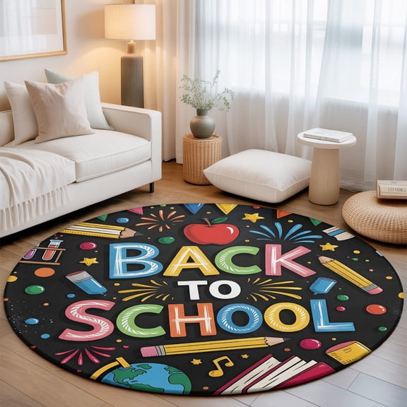 Back to School Round Living Room Rugs 6 ft, Red Fruit Pencils Earth Globe Modern Black Washable Area Rug with Non-Slip Sturdy Edge Binding Round Carpet for Kitchen Office Bedroom