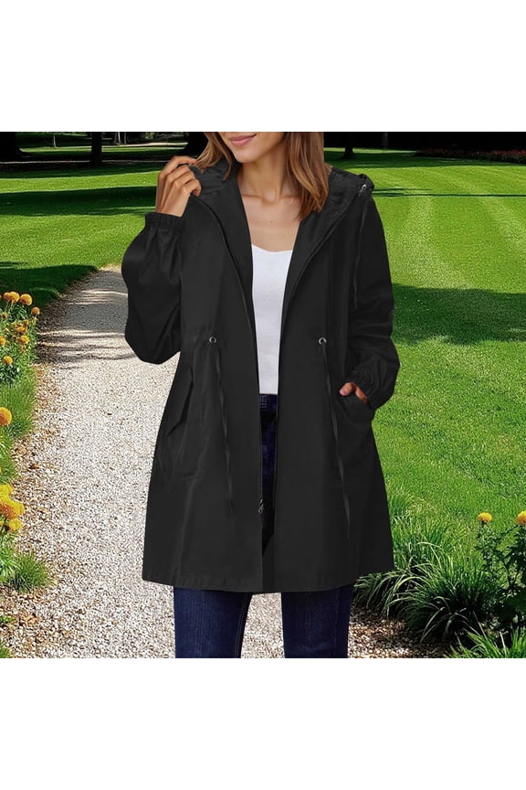 My Items Waterproof trench coat long Womens Jackets Winter Long Sleeve Hooded Pocket Windproof Waterproof Drawstring Waist Coat