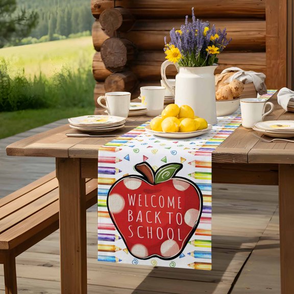 Back To School Season Table Runner 13x70in Non-Slip Cotton Linen Table Runners, Watercolor Pencil Apples Dresser Scarves TableRunner for Dinner Kitchen Dining Wedding Party
