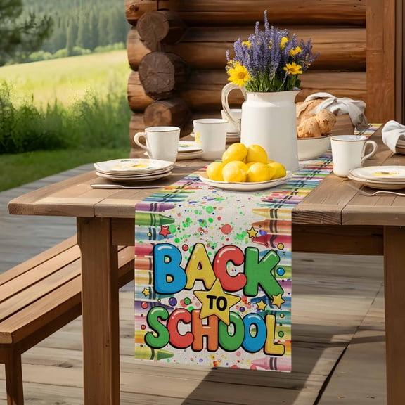 Back to School Season Table Runner 72 Inch Long Star Colorful Crayon on Burlap Table Runners Linen Burlap Tablerunner for Kitchen Dining Room Holiday Party
