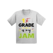 AWKWARD STYLES Back to School Shirts for 1st Grader Shirt Kids First Grade is My Jam T Shirt First Day of School Shirts Fun School Girls Shirts 6 Years Old 7 Years Old T Shirts for School First Grade Shirt for Boys