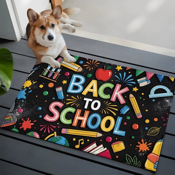 Back to School Small Area Rugs 2x3 Red Fruit Pencils Earth Globe Modern Black Entryway Rugs Washable Door Mat, Low-Profile Area Rugs Non Slip Floor Carpet for Living Room Bedroom Home Office