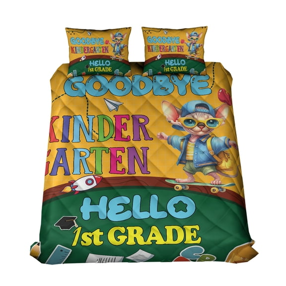 Back to School Sphynx Goodbye Kindergarten Hello 1st Grade Quilt Bedding Set Cat Lover Kitten Owner Gifts Idea 1 Blanket Bed Cover 2 Pillowcases - 02011