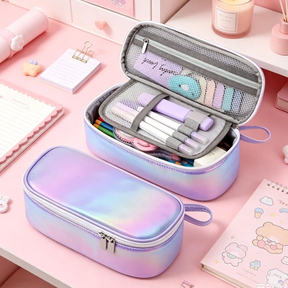 Back to School Supplies Holographic Large Capacity Pencil Case, Multi Compartment Shiny Waterproof Stationery Pouch, Lightweight Durable Leather Pen Pouch for Students