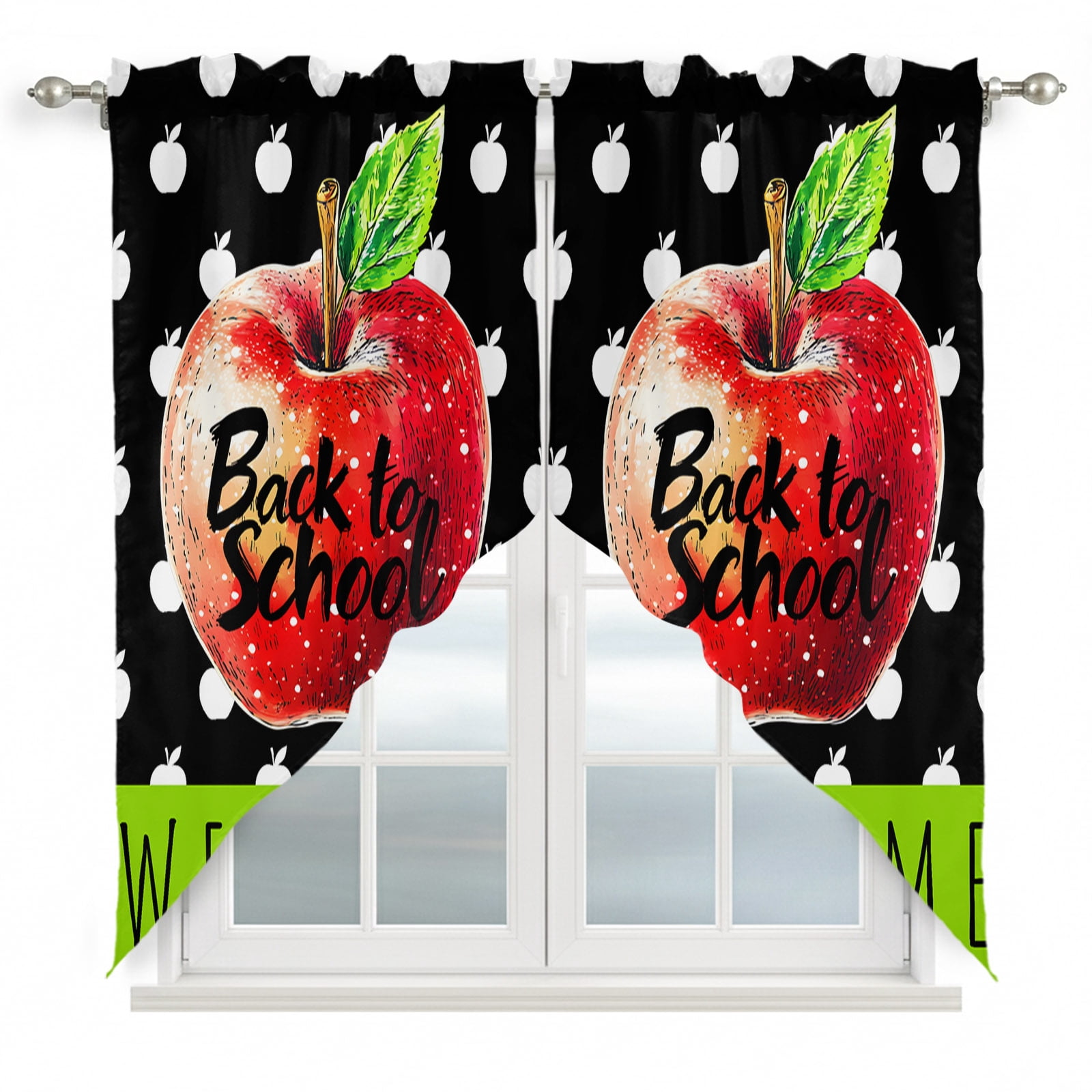 Back to School Swag Curtain Valance for Window 2 Panels Red Fruit Black ...