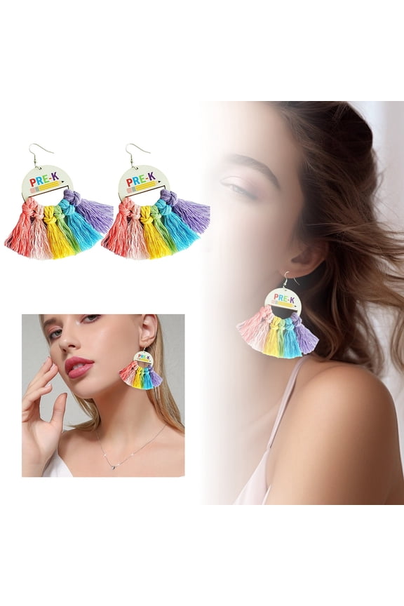 Back to School Teacher Earrings for Women First Day of School Gift Colorful Tassel Dangle Earrings Handmade Woven Boho Rainbow Drop Earrings Teacher Appreciation Gift from Students Graduation