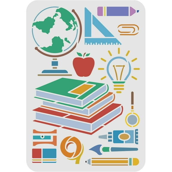 Back to School Theme Stencils for Painting 29.7x21cm Reusable Teaching Aids & Stationery Pattern Stencil Classroom Decoration Stencil for Painting on Wood Paper and Wall