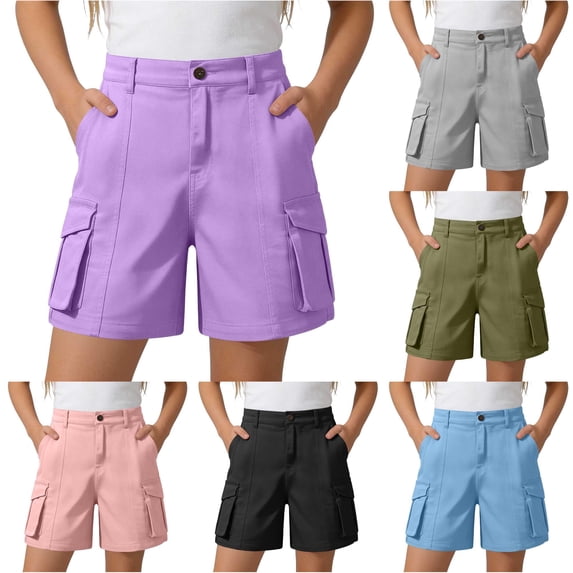 Back to School Uniform Jeggings for Girls Shorts for Everyday Play Elastic Waist Cargo Jogger Chino Twill Shorts with Pockets Casual Schoolwear Comfortable Stretch Fit Easy-On Design Purple 5-6 Years