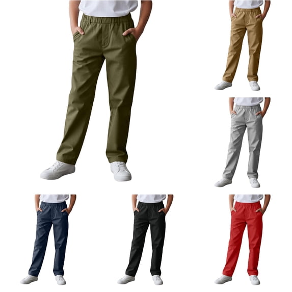 Back to School Uniform Pants for Boys Cargo Jogger Pants for Casual Schoolwear with Pockets Elastic Waist Adjustable Outdoor Kids Trousers Green 10-11 Years