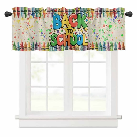 Back To School Valances for Windows Watercolor Crayon Letter Print Rod Pocket Curtain Valance Window Treatment Short Curtains for Kitchen Living Room, 60"x14"