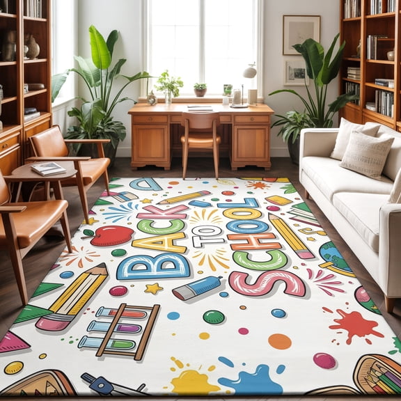 Back to School Washable Area Rug 9 x 12 ft Red Fruit Pencils Earth Globe Holiday Modern, Soft Non Slip Rugs Stain Repellent Indoor Felt Carpet for Living Dining Room Bedroom Home Office