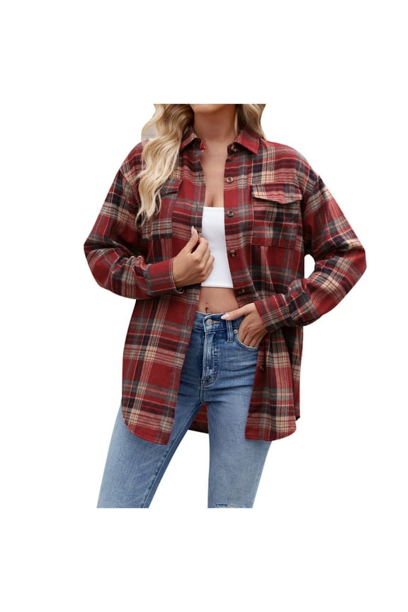 Back to School Women's Autumn Thin Casual Lightweight Flannel Plaid Button Down Shirts Oversized Long Sleeve Shacket Jacket Tops,Woolen Shirt Jacket(Size:2XL)