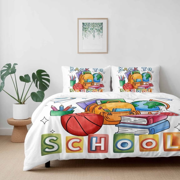 Back To School Words California King Size Bed Set,Watercolor Crayon Bag Book Bedding for All Seasons,4 Pcs Bed Set with 1 Quiltcover (96"x104"),1 Sheet (110"x98"),2 Pillowcases (20"x36")