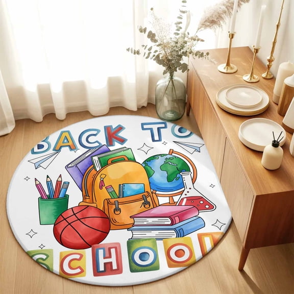 Back To School Words Round Rug 3ft Watercolor Crayon Bag Book Washable Area Rugs for Living Room Bedroom Entryway Non Slip Entrance Door Mat Indoor Floor Carpet