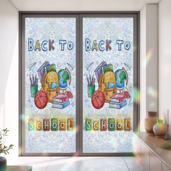 Back To School Words Window Privacy Film,Decorative Windows Static Cling Watercolor Crayon Bag Book Heat Control Removable Glass Sticker for Home Bathroom Bedroom Window Door,35x79in