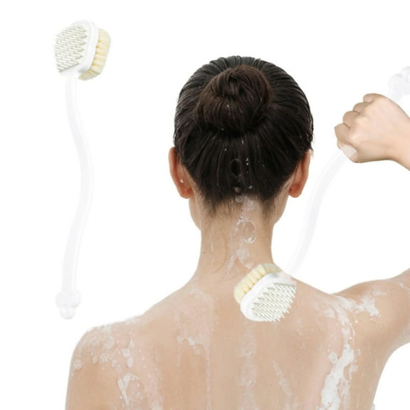 Back Scrubber Body Shower Brush: Anti Slip Long Handle Bath Brush with Stiff and Soft Bristles - Showering Exfoliator Wet or Dry Brushing for Women, Men, Elderly (White)