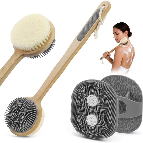 Back Scrubber for Shower + Body Scrubber 2 Pack - Dual Sided Silicone & Nylon Bristles Lather Well, Exfoliating Anti-Slip Wood Long Handle Back Scrubber Body Exfoliator for Wet/Dry Bath Brush Grey