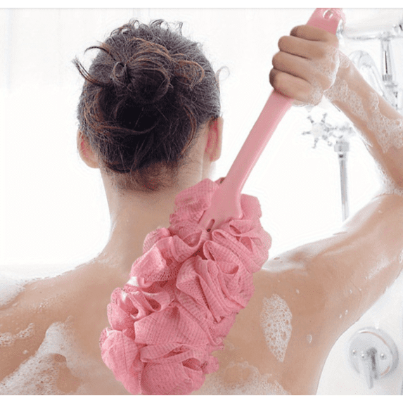 Back Scrubber for Shower, Loofah Long Handle Back Scrubber Shower Brush BodyExfoliating Sponge Soft Mesh Bath Brush with Hanging Rope Bathroom Accessories Pink