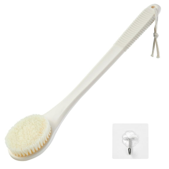 Back Scrubber for Shower, Shower Body Brush for Cleaning with Long Handle for Showering, 17 Inch Back Washer Exfoliator for Shower Men Women with Non-Slip Handle, Adhesive Hook (Cream White)