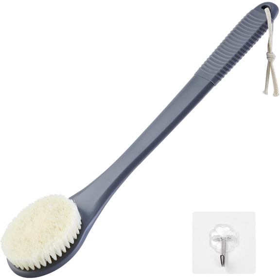 Back Scrubber for Shower, Shower Body Brush for Cleaning with Long Handle for Showering, 17 Inch Back Washer Exfoliator for Shower Men Women with Non-Slip Handle, Adhesive Hook (Gray)