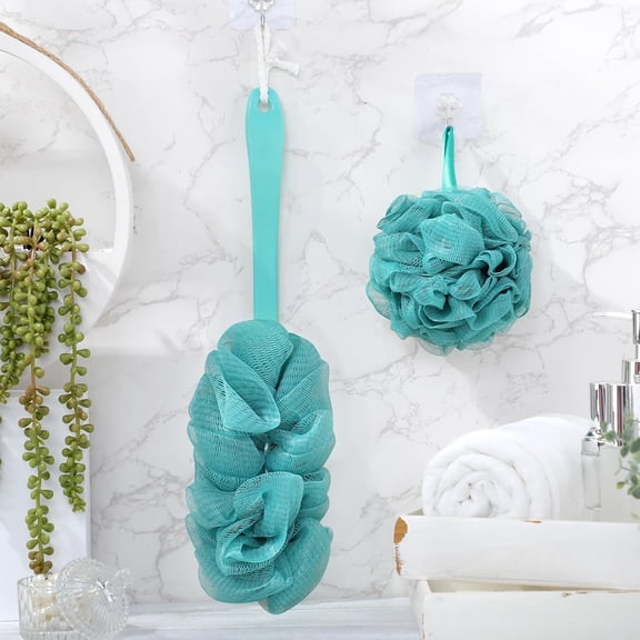 Back Scrubber and Loofah Sponge Set, Shower Loofah Poufs, Loofah Body Scrubber with Long Handle, Loofah on a Stick Bathing Accessories