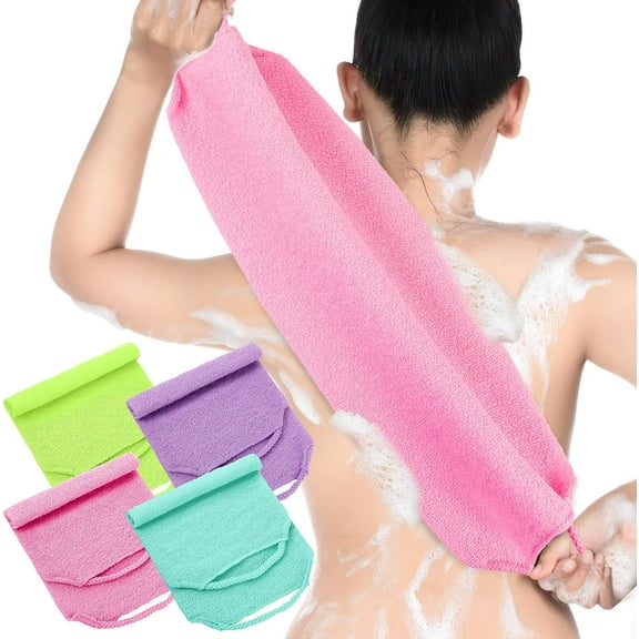 Back Scrubber with Handles 4 Packs Nylon Back Exfoliator Extended Length Back Washers Scrubbers Stretchable Pull Strap Exfoliating Washcloth