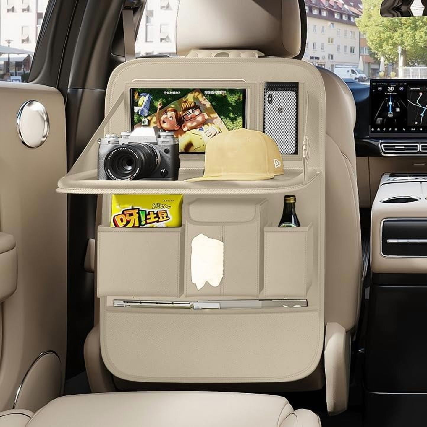 Back Seat Car Organizer 1 Pack,Backseat Organizer with Tray,Multifunctional Car Seat Back Storage Box with Foldable Tablet Holder (Beige, Plain weave)