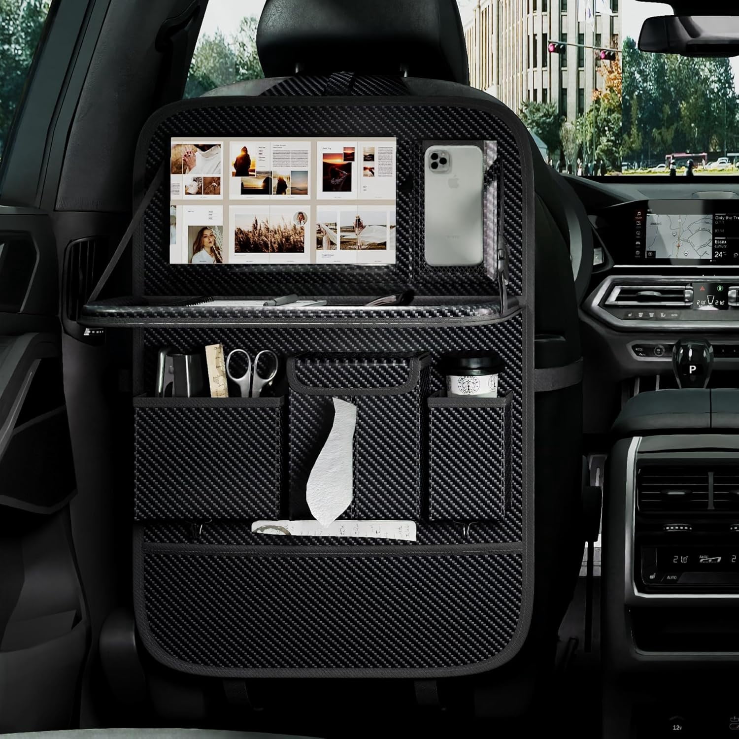 Back Seat Car Organizer 1 Pack,Backseat Organizer with Tray,Multifunctional Car Seat Back Storage Box with Foldable Tablet Holder (Carbon Black, Weave)