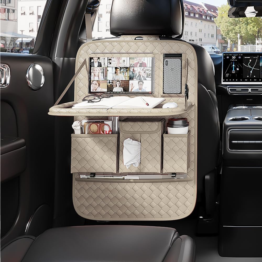 Back Seat Car Organizer 1 Pack,Backseat Organizer with Tray,Multifunctional Car Seat Back Storage Box with Foldable Tablet Holder (Beige, Weave)