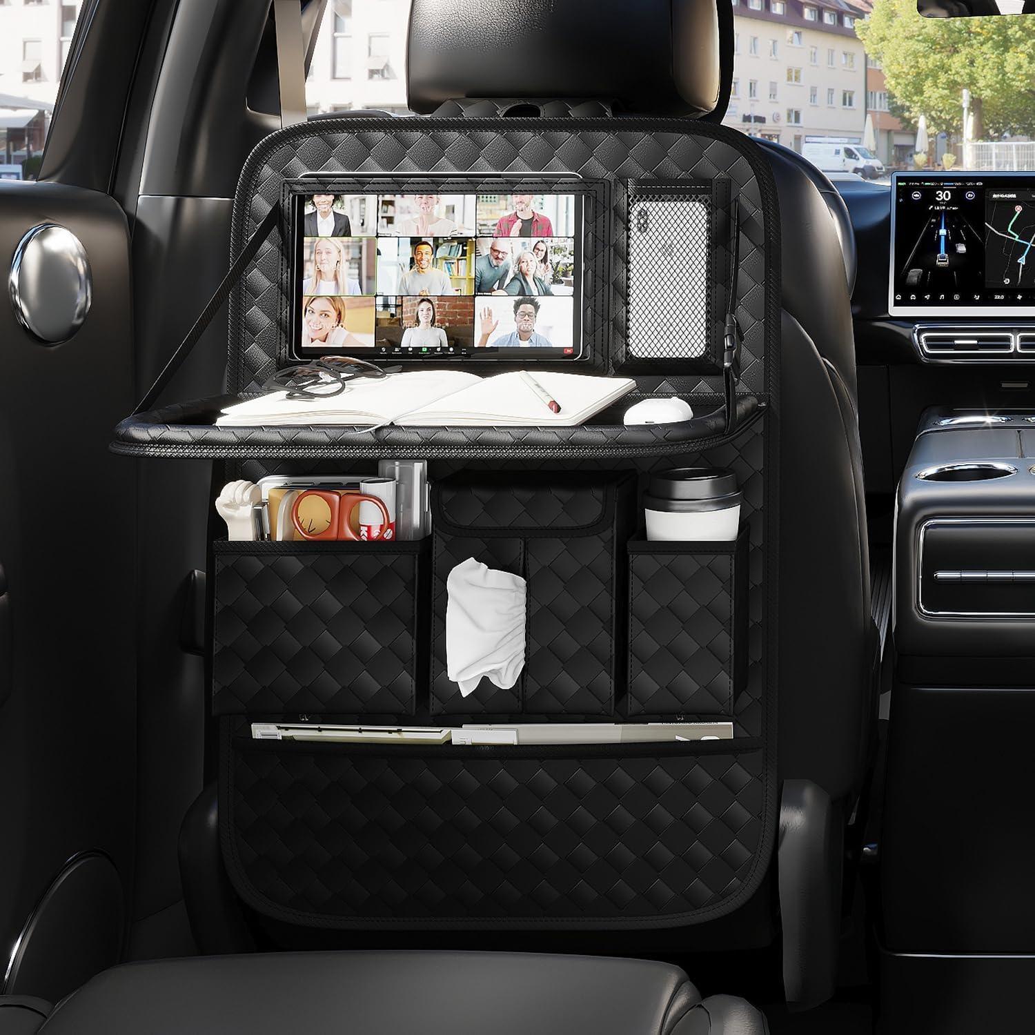 Back Seat Car Organizer 1 Pack,Backseat Organizer with Tray,Multifunctional Car Seat Back Storage Box with Foldable Tablet Holder (Black, Weave)