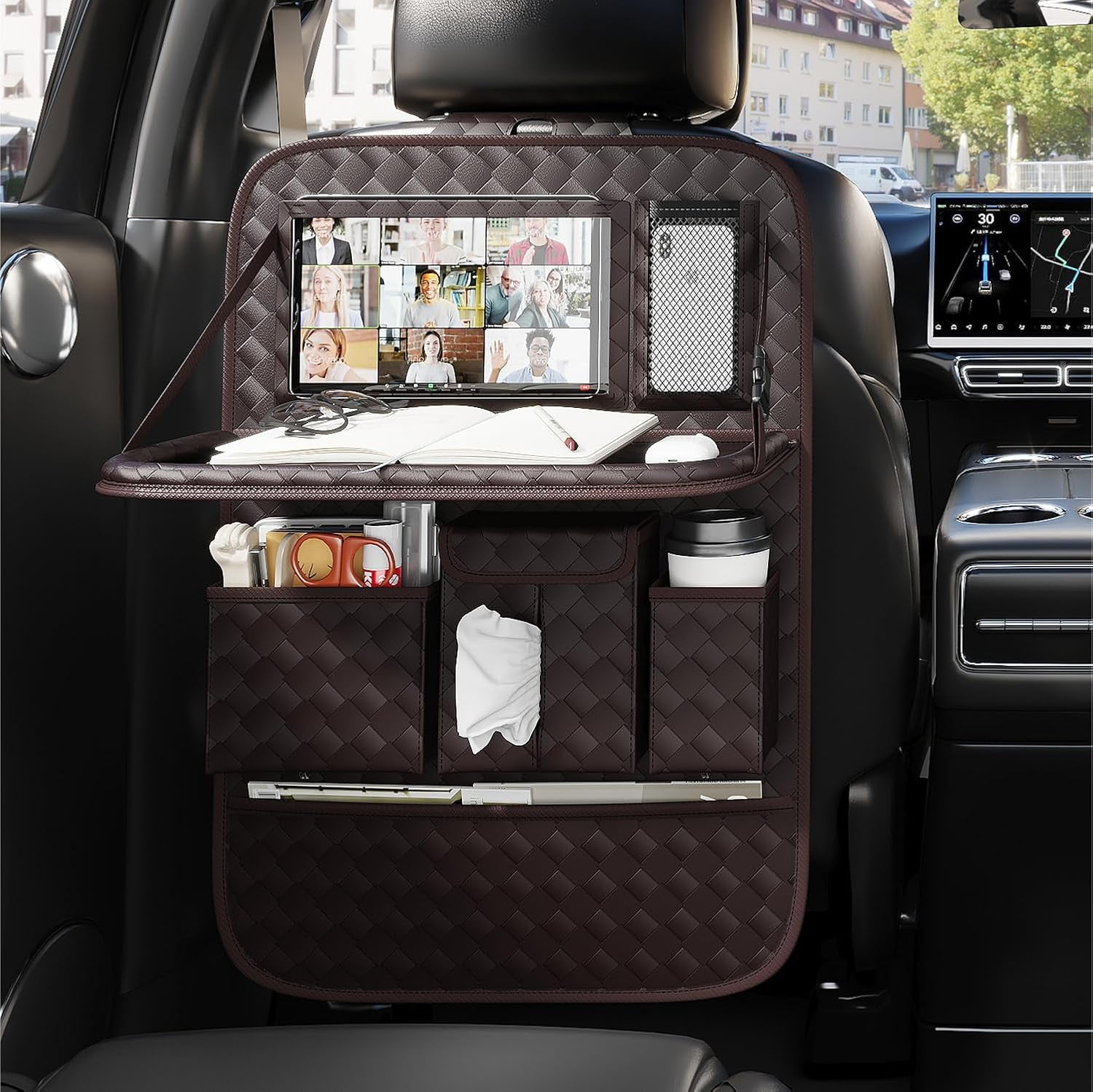 Back Seat Car Organizer 1 Pack,Backseat Organizer with Tray,Multifunctional Car Seat Back Storage Box with Foldable Tablet Holder (Coffee, Weave)