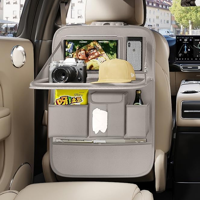 Back Seat Car Organizer 1 Pack,Backseat Organizer with Tray,Multifunctional Car Seat Back Storage Box with Foldable Tablet Holder (Grey, Plain weave)