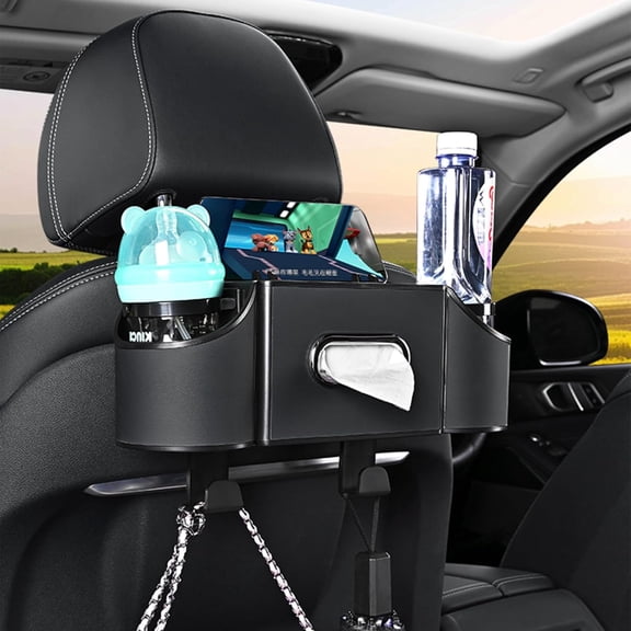 Back Seat Car Organizer,4 in 1 Multifunctional Car Back Seat Storage Box with Drink Cup Holder Tissue Box, for Hold Phone,Snacks, Drinks, Handbag-Black