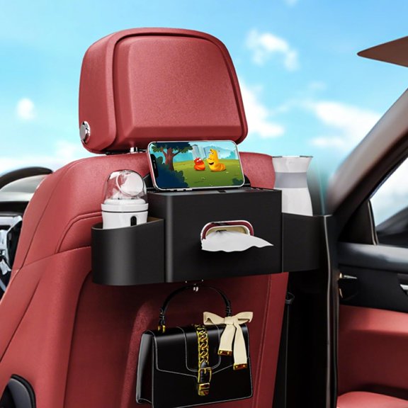 Back Seat Car Organizer with one Towel Leather wood materials Car Back Seat Storage Box 2 Drink Cup Holder Tissue Box for Hold Phone Drinks Handbag Compatible with Most Vehicles (Black)