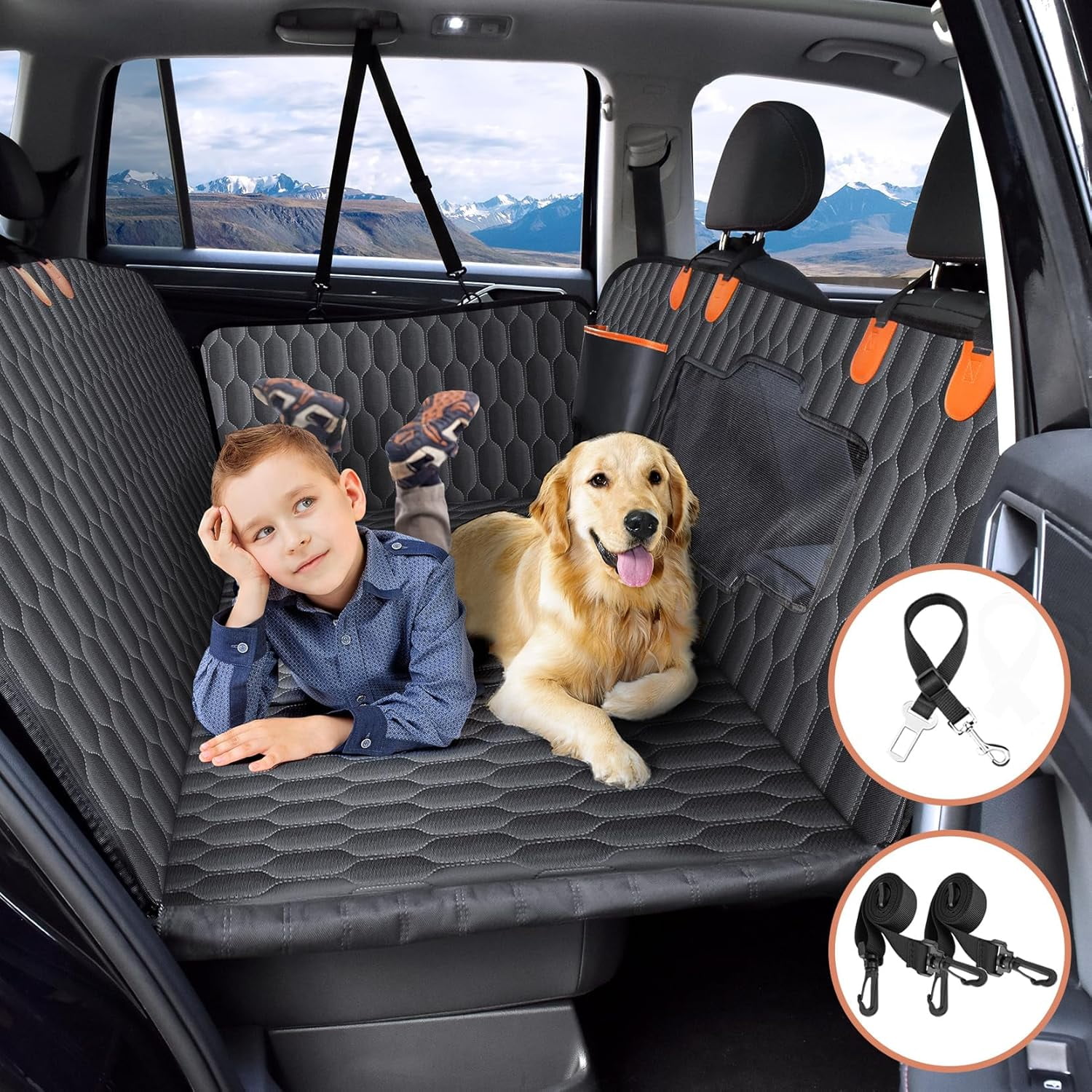 Teetheory Back Seat Extender for Dogs - Hard Bottom Dog Car Seat Cover Holds 400 lbs, Waterproof Dog Hammock for Cars, SUVs \u0026 Small Trucks, Pet Backseat Protector with Mesh Window \u0026 Large Space