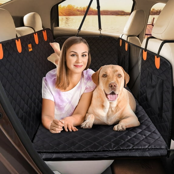 Back Seat Extender for Large Dogs - FurLove Hard Bottom Supports 330 lb, 600D Oxford Waterproof Nonslip Durable Dog Car Seat Cover for Back Seat, Seat Cover for Dogs in Car,Black