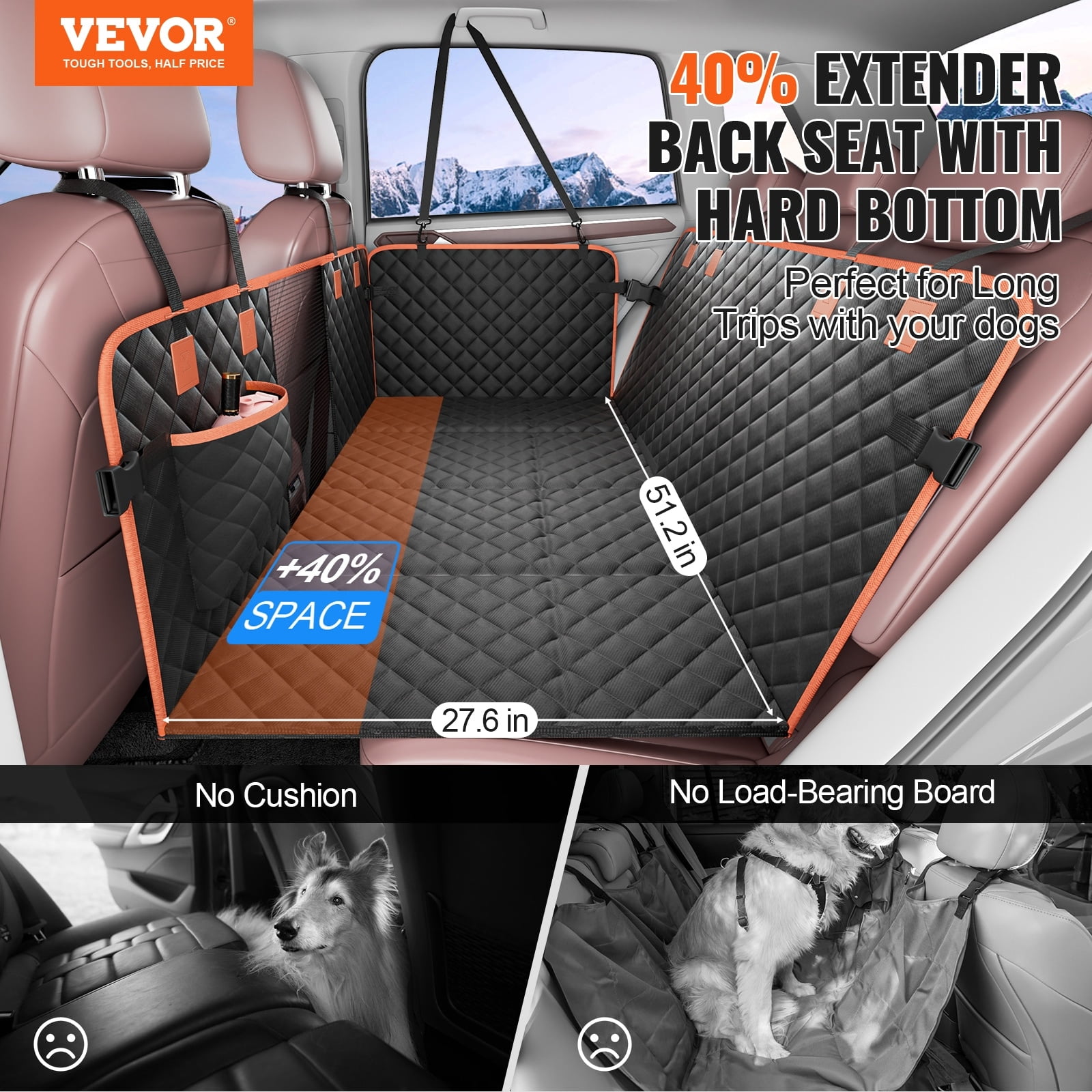 Black Quilted Waterproof Dog Car Seat Cover with Storage Pocket