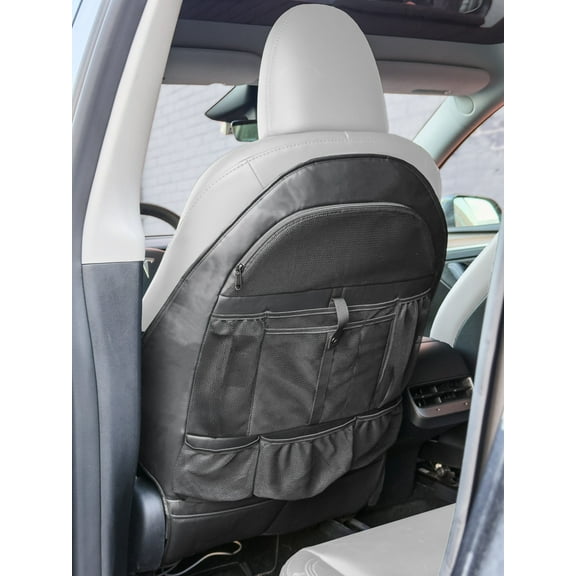 Back Seat organizer for Tesla Model 3 / Model Y (Premium Vegan Leather) Custom fit Car Seat Back Protector with Storage Pockets (Black)