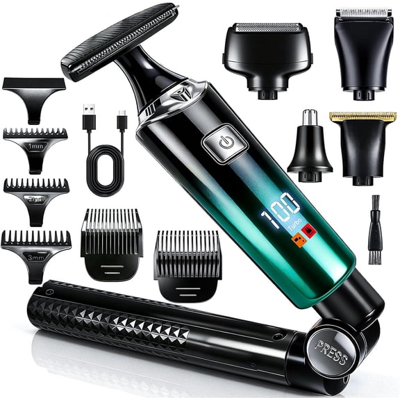 Back Shaver for Men,LED Display 5 in 1 Electric Body Groomer with Adjustable Long Handle - Rechargeable, IPX6 Waterproof Trimmer for Full Body GroomingGreen
