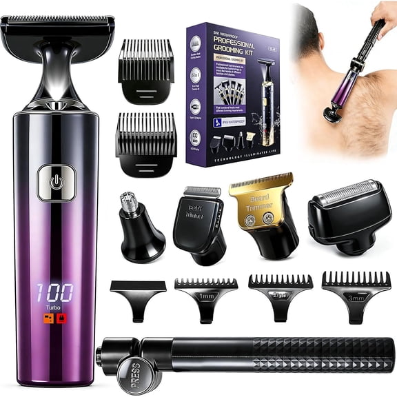 Back Shaver for Men, LED Display, 5 in 1 Mens Back Shaver Rechargeable with Long Handle, Safety Lock, IPX7, Multi-Functional Back Trimmer for Men,(Purple)