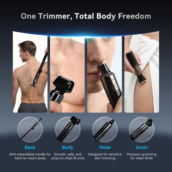 Back Shaver for Men, USB-C Electric Groin Hair Trimmer with 2 Inch T-Shaped LED Display, 4 in 1 Kit Long Handle Safety Lock IPX7 Wet Dry Multi-Functional Body Groomer Ash Silver