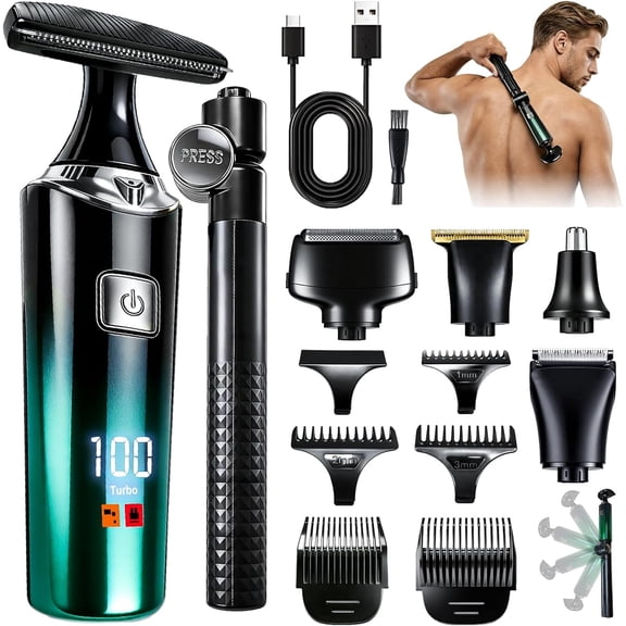 Back Shaver for Men, 5 in 1 Men Back Shaver with Long Handle, Green | LED Display, Body Groomers Kit,Waterproof IPX6 Wet/Dry, Rechargeable