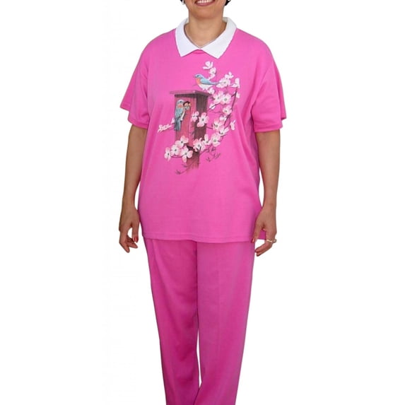 Back Snap Knit Screen-printed Pant Set  with Collar- Short Sleeve-Assorted Colors