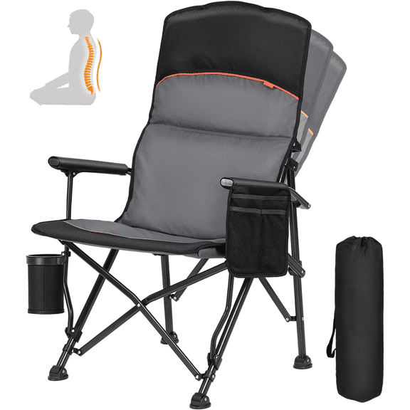 Back Support Camping Chair for Adults - Oversized with Adjustable High Backrest - Heavy Duty Folding Chair Supports 450 LBS - Cup Holder & Side Pocket Perfect for Outdoor, Lawn, Beach Use
