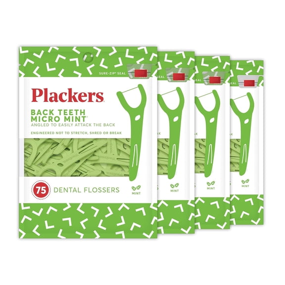 Back Teeth Micro Mint Dental Flossers, Delicious Mint Flavor, Provides Easy Access for Back Teeth, Built-in Protected Pick, Easy Storage, 75 Count, Pack of 4