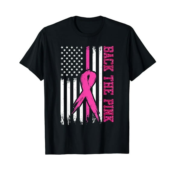 Back The Pink Ribbon American Flag Breast Cancer Awareness Black T-Shirt