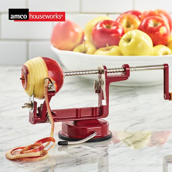 Back To Basics A505 Cast Iron Apple Peeler with Suction Base - Red Stainless Steel Blade Fruit Vegetable Slicer for Pies Salads Canning